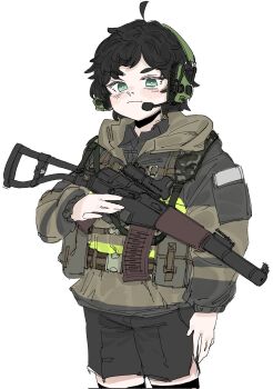 1boy ahoge assault_rifle belt black_hair black_shorts boksil_(boksil_intel) borrowed_character brown_jacket closed_mouth commentary_request corrupted_twitter_file cowboy_shot green_eyes gun headset high-visibility_clothing highres holding holding_gun holding_weapon hood hooded_jacket jacket korean_commentary load_bearing_equipment long_sleeves magazine_(weapon) male_focus optical_sight original pouch rifle samsick shorts simple_background solo tactical_clothes weapon weapon_request white_background