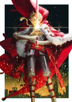 Rule 34 | 1boy, armor, asa tuki 893, blonde hair, cityscape, commentary request, fate/strange fake, fate (series), feet out of frame, floating clothes, fur trim, holding, holding sword, holding weapon, looking at viewer, multicolored hair, outside border, rattail, red eyes, red hair, red sash, richard i (fate), sash, scabbard, sheath, solo, streaked hair, sword, weapon