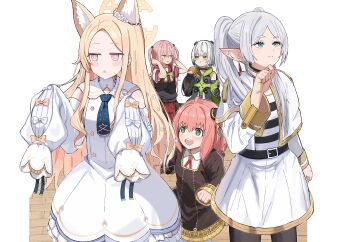 5girls anby_demara animal_ears anya_(spy_x_family) bare_shoulders belt black_belt black_choker black_dress black_jacket black_pantyhose blonde_hair blue_archive blue_necktie blush bow bowtie breasts burger capelet choker closed_mouth collared_shirt commentary_request detached_sleeves dress earrings eating flower food fox_ears frieren gradient_eyes green_hair hair_flower hair_ornament halo hand_on_own_chin hand_on_own_head highres holding holding_food horns inui_sajuna jacket jewelry long_hair long_sidelocks looking_at_another medium_hair multicolored_eyes multiple_girls necktie open_mouth pantyhose pink_eyes pink_hair pointy_ears puteme school_uniform seia_(blue_archive) serafuku shirt sidelocks single_earring single_sidelock sleeves_past_fingers sleeves_past_wrists small_breasts smile sono_bisque_doll_wa_koi_wo_suru sousou_no_frieren spy_x_family standing tanezaki_atsumi thick_eyebrows twintails very_long_hair very_long_sidelocks voice_actor_connection white_background white_capelet white_dress white_hair white_serafuku wooden_floor yellow_bow yellow_bowtie yellow_eyes yellow_halo zenless_zone_zero