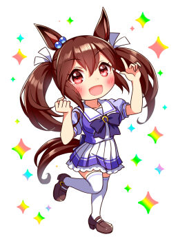 1girl animal_ears blush bow bowtie breasts brown_hair chibi chibi_only collarbone commentary_request full_body hair_between_eyes hair_ornament highres hishi_akebono_(umamusume) horse_ears horse_girl horse_tail large_breasts long_hair looking_at_viewer open_mouth pleated_skirt puffy_short_sleeves puffy_sleeves purple_bow purple_bowtie purple_shirt red_eyes sailor_collar sailor_shirt school_uniform shirt shoes short_sleeves skirt smile solo standing standing_on_one_leg sugimotty_nova tail thighhighs tracen_school_uniform twintails umamusume white_sailor_collar white_skirt white_thighhighs zettai_ryouiki