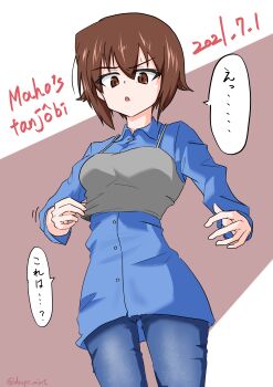 1girl absurdres blue_pants blue_shirt breasts brown_eyes brown_hair camisole denim drops_mint girls_und_panzer glaring happy_birthday highres jeans large_breasts long_sleeves looking_at_viewer nishizumi_maho open_mouth pants pink_background pixiv_username shirt solo spaghetti_strap tank_top twitter_username two-tone_background white_background
