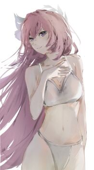 1girl bra breasts commentary cyrene_(honkai:_star_rail) cyrene_(ripples_of_past_reverie)_(honkai:_star_rail) diamond-shaped_pupils diamond_(shape) highres honkai:_star_rail honkai_(series) large_breasts long_hair navel okamiwulf panties pink_hair purple_eyes simple_background smile solo stomach symbol-shaped_pupils underwear underwear_only very_long_hair white_background white_bra white_panties