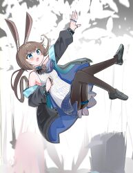 Rule 34 | 1girl, :o, absurdres, amiya (arknights), animal ear fluff, animal ears, arknights, arm up, ass, black jacket, blue eyes, blush, breasts, brown hair, brown pantyhose, commentary request, doctor (arknights), grey footwear, grey skirt, hair between eyes, highres, jacket, loafers, long hair, long sleeves, low ponytail, off shoulder, open clothes, open jacket, open mouth, outstretched arm, pantyhose, pleated skirt, ponytail, puffy long sleeves, puffy sleeves, rabbit ears, shirt, shoes, skirt, sleeveless, sleeveless shirt, small breasts, solo, spam (spamham4506), theresa (arknights), very long hair, white shirt