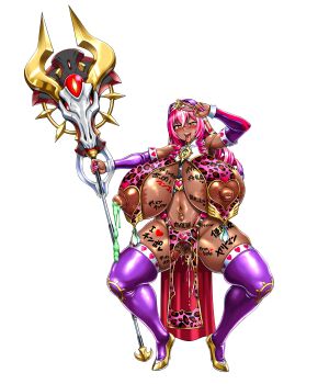 Rule 34 | 1girl, absurdres, after nipple penetration, animal print, arm up, armpit hair, armpits, aroused, bare shoulders, body writing, breast curtains, breasts, breasts apart, censored, clitoris piercing, clothing cutout, colored pubic hair, condom, condom belt, corruption, cross piercing, crossed bangs, dark-skinned female, dark skin, detached sleeves, drill hair, drill sidelocks, drooling, eyebrows hidden by hair, facial mark, female focus, female pubic hair, fingernails, full body, ganguro, gigantic breasts, glands of montgomery, gyaru, hair between eyes, heart, heart-shaped pupils, heart cutout, heart print, high collar, high heels, highres, holding, holding weapon, huge areolae, huge nipples, japanese text, jewelry, legs, leopard print, long fingernails, long hair, looking at viewer, makeup, moderate pubic hair, mosaic censoring, multicolored hair, nail polish, navel, navel piercing, neroma shin, nipples, nun, official art, open mouth, pelvic curtain, piercing, pink eyes, pink hair, pink nails, pink pubic hair, pubic hair, pussy juice, pussy juice trail, pussy piercing, revealing clothes, ring, sagging breasts, shiny clothes, shiny skin, sidelocks, skindentation, slime (substance), smile, spread legs, standing, symbol-shaped pupils, tan, teeth, thick thighs, thighhighs, thighs, tight clothes, tongue, tongue out, tongue piercing, transparent background, upper teeth only, used condom, v, veil, weapon, wide hips