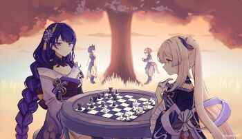 1boy 3girls absurdres artist_name bishop_(chess) blunt_bangs blurry blurry_background board_game braid chair chess chess_piece chessboard closed_mouth commentary_request dawn depth_of_field dress expressionless bad_tag from_side genshin_impact gorou_(genshin_impact) gradient_hair hair_ornament highres japanese_clothes kimono king_(chess) knight_(chess) kujou_sara long_braid looking_down mitsudomoe_(shape) mole mole_under_eye multicolored_hair multiple_girls neck_ribbon off_shoulder on_chair outdoors pawn_(chess) pink_hair playing_chess playing_games purple_eyes purple_hair purple_kimono queen_(chess) raiden_shogun red_ribbon red_sash ribbon rook_(chess) sangonomiya_kokomi sash single_braid sitting sky standing streaked_hair sunset symzae table thinking tomoe_(symbol) tree twitter_username