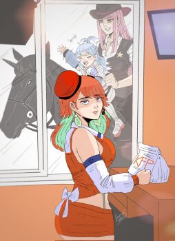 3girls black_hair blue_hair child completely_unamused corrupted_twitter_file cowboy_hat cowboy_western detached_sleeves earrings fake_horn feather_earrings feathers gradient_hair hat highres hololive hololive_english hololive_indonesia horse jasper_xandros jewelry kobo_kanaeru long_hair looking_at_viewer mori_calliope mori_calliope_(sheriff) multicolored_hair multiple_girls orange_hair pink_hair purple_eyes sheriff_badge shirt takanashi_kiara takanashi_kiara_(1st_costume) unamused unicorn virtual_youtuber white_shirt