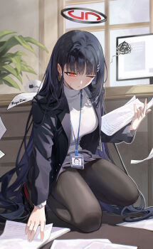 1girl absurdres black_hair black_halo black_jacket black_pantyhose black_skirt blue_archive blunt_bangs blush breasts bright_pupils coffee_mug cup doodle_sensei_(blue_archive) earrings hair_ornament hairclip halo high_heels highres holding holding_paper hoop_earrings jacket jewelry large_breasts long_hair looking_at_viewer mogurine monitor mug multicolored_halo name_tag open_clothes open_jacket pantyhose paper parted_lips red_eyes red_halo rio_(blue_archive) sensei_(blue_archive) skirt solo squatting sweater turtleneck turtleneck_sweater two-tone_halo very_long_hair white_pupils white_sweater