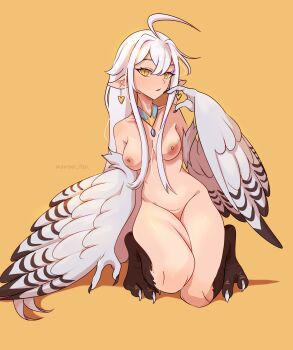 1girl absurdres ahoge bird_legs blush breasts claws commentary earrings english_commentary feathered_wings feathers hair_between_eyes harpy haru_(monster_musume) heart heart_earrings highres huge_ahoge jewelry long_hair medium_breasts monster_girl monster_musume_no_iru_nichijou monster_musume_no_iru_nichijou_online necklace nipples nude pointy_ears sidelocks solo talons twitter_username unreal_fish very_long_hair white_hair white_wings winged_arms wings yellow_background yellow_eyes