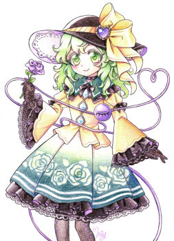Rule 34 | 1girl, black hat, blush, bow, brown pantyhose, buttons, closed mouth, collared shirt, colored pencil (medium), commentary request, diamond button, eyeball, fishnet gloves, fishnets, floral print, flower, frilled shirt collar, frilled skirt, frilled sleeves, frills, gloves, green eyes, green hair, green skirt, hat, hat bow, heart, heart-shaped pupils, heart of string, holding, holding flower, komeiji koishi, lace, lace-trimmed skirt, lace-trimmed sleeves, lace trim, long hair, long sleeves, looking at viewer, miy 001, multicolored skirt, pantyhose, print skirt, purple flower, purple rose, rose, rose print, shirt, signature, simple background, skirt, smile, solo, symbol-shaped pupils, third eye, touhou, traditional media, white background, wide sleeves, yellow bow, yellow shirt