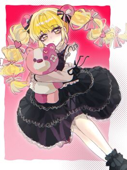 1girl black_dress black_shoes blonde_hair blunt_bangs bow child chinese_commentary commentary_request detached_sleeves dress feet_out_of_frame frilled_dress frilled_sleeves frills hair_bow high_ponytail highres holding holding_stuffed_toy identity_v jirai_kei legs_together long_hair medium_dress memory_(identity_v) multiple_hair_bows ponytail ribbon shoes sidelocks sitting solo stuffed_animal stuffed_toy twintails yellow_eyes zhuzangli451