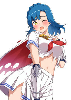 Rule 34 | 1girl, absurdres, blue hair, blush, braid, breasts, cape, capelet, cowboy shot, embarrassed, emblem, gauntlets, highres, idol heroes (idolmaster), idolmaster, idolmaster million live!, idolmaster million live! theater days, karua (karua23), medium breasts, midriff, nanao yuriko, navel, neckerchief, one eye closed, open mouth, pleated skirt, red neckerchief, school uniform, serafuku, shirt, short hair, short sleeves, simple background, skirt, standing, torn cape, torn clothes, torn shirt, torn skirt, white capelet, white serafuku, white shirt, white skirt, yellow eyes