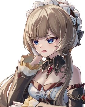 1girl bare_shoulders black_collar blue_eyes blush brown_hair center_frills collar commentary detached_collar detached_sleeves dress frilled_sleeves frills gem genshin_impact gloves hand_on_own_face hashtag-only_commentary headdress highres long_hair long_sleeves open_mouth red_gemstone sandrone_(genshin_impact) simple_background solo strapless strapless_dress upper_body white_background white_dress white_gloves yuno_kaihara