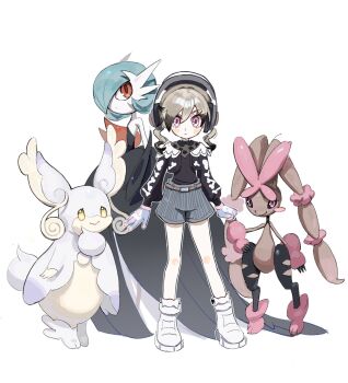 4girls :> alternate_color audino black_cardigan black_dress black_hair black_sclera black_shirt blonde_hair blue_hair blush_stickers bob_cut brown_fur cardigan colored_sclera colored_skin commentary_request dress drill_hair elbow_gloves fingerless_gloves full_body gardevoir gen_3_pokemon gen_4_pokemon gen_5_pokemon gloves grey_shorts headphones highres korean_commentary looking_at_viewer lopunny mega_audino mega_gardevoir mega_lopunny mega_pokemon multicolored_hair multiple_girls nintendo pink_eyes pink_fur pokemon pokemon_(creature) pokemon_legends:_z-a red_eyes ru_oo0o shiny_pokemon shirt shoes shorts simple_background single_blush_sticker standing twin_drills two-tone_hair white_background white_gloves white_shoes white_skin yellow_eyes