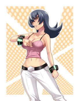 1girl absurdres alancruzk bare_arms blue_hair breasts camisole cleavage collarbone crop_top flipped_hair highres large_breasts medium_hair midriff navel nintendo pink_camisole pokemon pokemon_hgss red_eyes ribbed_camisole ribbed_shirt sabrina_(pokemon) shirt sleeveless sleeveless_shirt solo spaghetti_strap