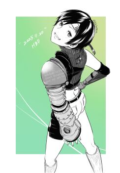 1girl absurdres belt birthday border commentary_request cropped_sweater dated elbow_gloves feet_out_of_frame final_fantasy final_fantasy_vii final_fantasy_vii_rebirth final_fantasy_vii_remake fingerless_gloves from_behind from_side gloves gradient_background green_background grin hand_on_own_hip happy_birthday headband highres kirinomon looking_at_viewer outside_border ribbed_socks ribbed_sweater short_hair shorts single_shoulder_pad sleeveless sleeveless_turtleneck smile socks solo sweater turtleneck turtleneck_sweater white_border yuffie_kisaragi