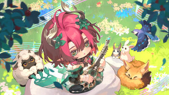 Rule 34 | 1girl, absurdres, animal, blush, chinese commentary, ciaccona (wuthering waves), commentary request, dress, fox, grass, green eyes, green jacket, highres, horns, instrument, jacket, looking at viewer, music, on rock, open mouth, outdoors, partial commentary, playing instrument, pointy ears, rabbit, red hair, sheep, sitting, smile, solo, tacet mark (wuthering waves), tree horns, wariza, white dress, wuthering waves, yellow eyes, yuden6969