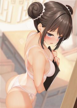 Rule 34 | 1girl, ass, blue eyes, blush, bra, breasts, brown hair, cleavage, commentary request, double bun, from above, from side, hair bun, hands up, highres, holding, holding menu, large variant set, looking at viewer, looking to the side, menu, minato ojitan, open mouth, original, panties, solo, tan, tanline, underwear, variant set, white bra, white panties