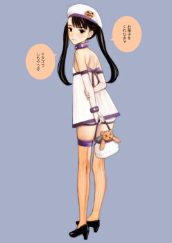 1girl bag bare_shoulders black_eyes black_hair blood_alone collar commentary_request dress full_body handbag high_heels highres long_hair looking_at_viewer looking_back misaki_minato short_dress solo stuffed_animal stuffed_toy takano_masayuki teddy_bear thighhighs translation_request twintails vampire