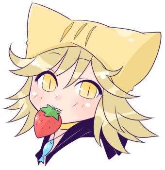 Rule 34 | 1girl, animal hat, blending, blush, cat hat, closed mouth, commentary request, fish necklace, food, fruit, hat, iyofika, looking at viewer, mechanic (ragnarok online), medium hair, mouth hold, official alternate costume, ragnarok online, shirt, simple background, slit pupils, smile, solo, strawberry, white background, white shirt, yellow hat