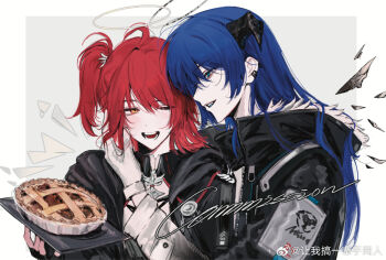 2girls ahoge apple_pie arknights black_jacket blue_eyes blue_hair blue_tongue colored_tongue commentary_request earclip exusiai_(arknights) exusiai_the_new_covenant_(arknights) food gloves hair_between_eyes halo hand_on_another's_cheek hand_on_another's_face highres horns jacket long_hair medium_hair mostima_(arknights) multiple_girls one_side_up open_mouth pie red_hair siy_(shengxiu760722) teeth upper_body white_gloves yuri