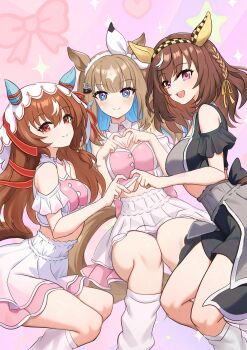 +_+ 3girls absurdres almond_eye_(umamusume) animal_ears beatsheavens0735 black_shirt black_shorts blue_eyes blush bow bow_hairband braid braided_sidelocks breasts brown_hair buena_vista_(umamusume) checkered_hairband closed_mouth clothing_cutout colored_inner_hair comiket_107 commentary_request cover cover_page cropped_shirt ear_covers ear_ribbon four-finger_heart_hands grey_skirt hair_between_eyes hair_ornament hairband hairclip headband heart heart_hands highres horse_ears horse_girl horse_tail large_breasts layered_skirt long_hair looking_at_viewer medium_breasts medium_hair meni_shuki_rush-sshu! midriff multicolored_hair multiple_girls open_mouth pink_bow pink_shirt pink_skirt pink_socks purple_eyes red_eyes ribbon shirt shorts shoulder_cutout skirt smile socks star_(symbol) still_in_love_(umamusume) symbol-shaped_pupils tail umamusume veil white_hairband white_streaks white_veil x-shaped_pupils