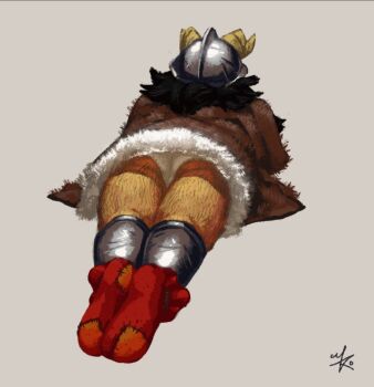 1boy ass bara derivative_work dungeon_meshi dwarf facing_away fake_horns full_body helmet highres horned_helmet horns loincloth lying machitoons male_focus male_underwear male_underwear_peek on_stomach orange_socks panties pantyshot patchwork_clothes screenshot_redraw senshi_(dungeon_meshi) socks solo thick_leg_hair thighs underwear