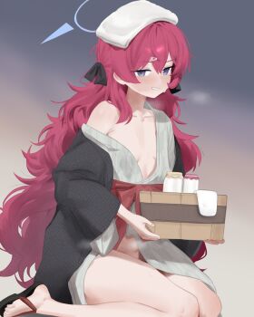1girl alternate_costume black_bow black_haori blue_archive blue_halo blush bow breasts collarbone commentary d5y0m double-parted_bangs full_body gradient_background grey_background grey_eyes grey_kimono hair_between_eyes hair_bow hair_ornament hairclip halo haori highres iroha_(blue_archive) japanese_clothes kimono long_hair looking_at_viewer messy_hair orange_background parted_lips red_hair sandals sidelocks sitting small_breasts smile solo thighs towel towel_on_head turning_head very_long_hair yukata
