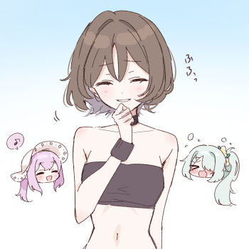 &gt;_&lt; 3girls :d absurdres atsuko_(blue_archive) atsuko_(swimsuit)_(blue_archive) blue_archive blue_hair brown_hair choker ear_piercing highres hiyori_(blue_archive) hiyori_(swimsuit)_(blue_archive) misaki_(blue_archive) misaki_(swimsuit)_(blue_archive) multiple_girls open_mouth piercing pink_hair ponytail smile tachibana_(tachibanablac) wristband xd