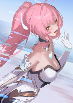 1girl aemeath_(wuthering_waves) bare_shoulders breasts cleavage digital_dissolve dress from_side glitch gloves hand_up highres long_hair looking_at_viewer meda medium_breasts open_mouth pink_hair ponytail signature smile solo star-shaped_pupils star_(symbol) symbol-shaped_pupils white_dress white_gloves wuthering_waves yellow_eyes