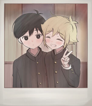 2boys absurdres alternate_costume antenna_hair basil_(faraway)_(omori) basil_(omori) black_eyes black_hair blonde_hair blush bright_pupils closed_eyes closed_mouth double-parted_bangs expressionless hair_between_eyes highres indoors long_sleeves male_focus multiple_boys omori open_mouth school_uniform short_hair sidelocks smile sunny_(omori) v white_pupils wktdms1