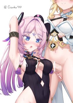 1futa 1girl absurdres armpits blonde_hair blue_eyes breasts censored citlali_(genshin_impact) clothes_lift cum cum_in_clothes facial_mark forehead_mark futa_with_female futanari genshin_impact gouka highres large_penis leotard long_hair looking_at_penis lumine_(genshin_impact) medium_breasts no_testicles penis penis_to_breast penis_under_another&#039;s_clothes pink_hair pussy saliva short_hair sweat