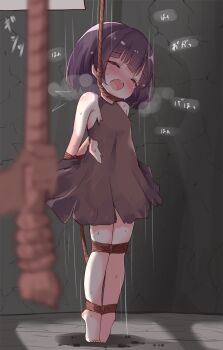 1boy 1girl arms_behind_back asphyxiation bdsm black_hair blush bondage bound bound_arms bound_legs closed_eyes dark-skinned_male dark_skin hanged heavy_breathing highres loli miria_(mamamamave) motion_lines open_mouth original peril rope runa_(miria) short_hair sweat torture