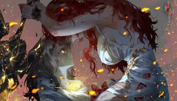 2girls absurdres artist_logo breasts coconuthound collarbone commentary dress english_commentary from_side glowing glowing_eyes grey_hair highres himeko_(honkai:_star_rail) honkai:_star_rail honkai_(series) honkai_impact_3rd large_breasts logo long_hair looking_at_another multiple_girls parted_lips red_hair scene_reference shirt stelle_(honkai:_star_rail) torn_clothes torn_dress trailblazer_(honkai:_star_rail) white_dress white_shirt yellow_eyes