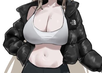 1girl 570_ml black_bra black_jacket blonde_hair bra bra_visible_through_clothes breasts cleavage collarbone crop_top hand_in_pocket head_out_of_frame jacket large_breasts long_hair long_sleeves midriff mole mole_on_breast navel open_clothes open_jacket original shirt simple_background sleeveless sleeveless_shirt solo spaghetti_strap stomach string_bra taut_clothes taut_shirt the_north_face underwear upper_body very_long_hair white_background white_shirt