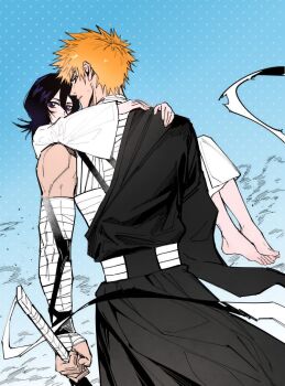 Rule 34 | 1boy, 1girl, bandaged arm, bandages, barefoot, black hair, bleach, carrying, carrying person, commentary, english commentary, from behind, holding, holding sword, holding weapon, kuchiki rukia, kurosaki ichigo, looking back, orange eyes, orange hair, purple eyes, robe, silegesi, sword, toned, toned male, weapon, white robe, wide sleeves, zangetsu (shikai)