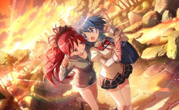 2girls arm_around_neck artist_request bag black_bow black_shirt black_skirt black_socks blue_bag blue_eyes blue_hair blue_shorts bow bowtie clenched_hand clothing_cutout cloud cobblestone collarbone collared_shirt crepe crop_top denim denim_shorts dot_nose feet_out_of_frame floating_clothes floating_hair food fur-trimmed_shorts fur_trim game_cg green_jacket grin hair_bow hair_ornament hairclip happy high_collar highres holding holding_crepe holding_food hood hood_down hooded_jacket jacket juliet_sleeves kneehighs knees lace lace-trimmed_shirt lace-trimmed_sleeves lace_trim light_particles long_hair long_sleeves looking_at_another looking_at_food mahou_shoujo_madoka_magica mahou_shoujo_madoka_magica_magia_exedra miki_sayaka miniskirt mitakihara_school_uniform multiple_girls official_art open_mouth outdoors park path plaid_clothes plaid_skirt pleated_skirt pocket ponytail puffy_sleeves red_bow red_bowtie red_eyes red_hair road rock sakura_kyoko school_bag school_uniform shirt short_hair short_shorts shorts skirt sky skyline smile socks sparkle stomach_cutout sunset surprised tareme tree tsurime v-shaped_eyebrows very_long_hair walking wind yellow_shirt yellow_sky zipper_pull_tab