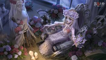 1girl absurdres artist_request blonde_hair bouquet cage candle chinese_commentary colored_sclera commentary_request cracked_skin crescent crescent_facial_mark detached_sleeves doll_joints dress facial_mark flower flower_on_face frills from_above full_body galatea_claude galatea_claude_(&quot;succubus&quot;) gift grey_eyes grey_sclera head_wreath highres holding holding_gift holding_scissors identity_v joints lace lace-trimmed_dress lace_collar lace_trim leaf makeup mannequin medium_hair official_art paper parted_bangs pincushion purple_flower purple_rose red_flower red_rose ribs rose runny_makeup scissors sculpture sewing_machine sidelocks sitting solo spool swept_bangs thread three-quarter_sleeves veil wheelchair white_dress white_flower white_rose window