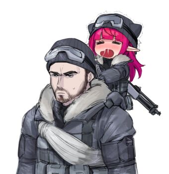 1boy 1girl beanie bikini black_bikini blush call_of_duty call_of_duty:_modern_warfare_2 carrying chibi commentary dasdokter fur_collar gun hat hololive hololive_english irys_(hololive) open_mouth piggyback red_hair rifle simple_background snot snot_trail soap_(modern_warfare_2) swimsuit virtual_youtuber weapon weapon_on_back white_background
