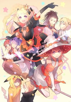 4boys 4girls alternate_costume black_dress broom broom_riding camilla_(fire_emblem) crown dress elise_(fire_emblem) fire_emblem fire_emblem_fates gen_1_pokemon halloween halloween_costume hat highres hinoka_(fire_emblem) kariya_(mizore) leo_(fire_emblem_fates) multiple_boys multiple_girls nintendo pikachu princess ryoma_(fire_emblem) sakura_(fire_emblem) takumi_(fire_emblem) vampire_costume witch witch_hat xander_(fire_emblem)