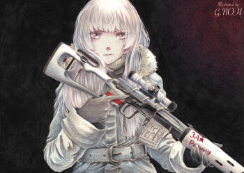 1girl artist_name belt coat dragunov_svd eyelashes female_focus fur-trimmed_jacket fur_trim gloves gun jacket lips long_hair millipen_(medium) original parka pen_(medium) pink_eyes rifle russian_text scarf scope silver_hair sniper sniper_rifle soldier solo tesun_(g_noh) traditional_media trigger_discipline watercolor_pencil_(medium) weapon winter_clothes winter_coat