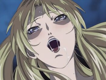 00s 1girl 2003 animated animated_gif bible_black bible_black_night_of_the_walpulgiss blonde_hair blush close-up drooling high_ponytail implied_sex long_hair open_mouth ponytail purple_eyes saeki_kaori saliva shaking_head smile solo sweat tagme