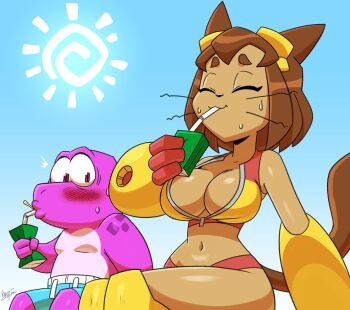 1boy 1girl alternate_costume animal_ears bikini blue_shorts blue_sky blush breasts brown_hair cat_ears cat_girl cat_tail cleavage closed_eyes colored_skin commentary cup curvy dark-skinned_female dark_skin dinosaur drinking drinking_glass english_commentary furry furry_female gameoverse gobbles_(gameoverse) highres holding holding_cup kit_bodega large_breasts looking_at_another looking_at_breasts multicolored_bikini navel official_alternate_costume outdoors pink_skin red_bikini short_eyebrows short_hair shorts signature sky smile sun sweat swimsuit tail two-tone_bikini variant_set warren_blakely whiskers wide_hips yellow_bikini yellow_gauntlets