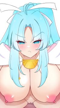 1boy 1girl ahoge blue_eyes breasts censored cowgirl_position esttea frown girl_on_top golden_sun hair_ribbon large_breasts leaning_forward long_hair looking_at_viewer mia_(golden_sun) navel nintendo nipples nude ponytail ribbon solo_focus straddling thick_thighs thighs wide_ponytail