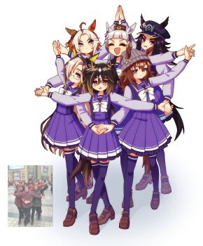 6+girls absurdres ahoge animal_ears beanie black_hair blue_eyes blunt_bangs blush bow bowtie breasts brown_eyes brown_hair brown_hat closed_eyes closed_mouth commentary dream_journey_(umamusume) ear_bow ear_covers ear_ornament ear_ribbon ears_through_headwear eyewear_strap fenomeno_(umamusume) flipped_hair glasses gold_ship_(umamusume) grey_hair grey_hat hair_between_eyes hat highres holding_hands horse_ears horse_girl horse_tail horseshoe_hat_ornament horseshoe_ornament kitnoko long_hair long_sleeves looking_at_viewer multicolored_hair multiple_girls nakayama_festa_(umamusume) open_mouth orange_hair orfevre_(umamusume) peaked_cap photo-referenced pillbox_hat ponytail purple_eyes purple_hair purple_sailor_collar purple_serafuku purple_shirt purple_skirt purple_thighhighs reference_inset reference_photo sailor_collar sailor_shirt school_uniform serafuku shirt shoes simple_background single_ear_cover skirt smile star_(symbol) stay_gold_(umamusume) stay_gold_clan_(umamusume) streaked_hair striped_hat symbol-only_commentary tail thighhighs tracen_school_uniform two-tone_hair umamusume white_background white_bow white_bowtie white_hair