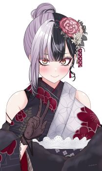 1girl absurdres bare_shoulders black_hair black_kimono breasts commentary_request floral_print flower gloves grey_hair hair_bun hair_flower hair_ornament highres hololive hololive_english japanese_clothes kasutera_mikan kimono lace lace-trimmed_gloves lace_gloves lace_trim large_breasts looking_at_viewer multicolored_hair official_alternate_costume shiori_novella shiori_novella_(new_year) smile solo split-color_hair two-tone_hair v virtual_youtuber white_background yellow_eyes