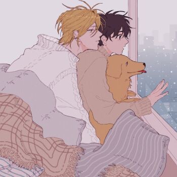 2boys a_co_pi ash_lynx banana_fish bed black_eyes black_hair blanket blonde_hair blue_eyes brown_sweater building cuddling dog long_sleeves male_focus multiple_boys okumura_eiji on_bed open_mouth pillow short_hair skyscraper sweater under_covers white_sweater window yaoi