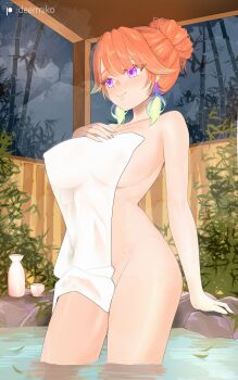 1girl absurdres artist_name bottle breasts choko_(cup) closed_mouth commentary cup deermiko earrings feather_earrings feathers hair_bun highres hololive hololive_english jewelry large_breasts naked_towel onsen orange_hair purple_eyes sake_bottle smile solo symbol-only_commentary takanashi_kiara towel virtual_youtuber wading water