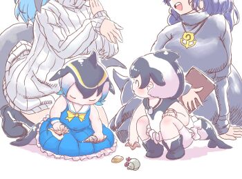 4girls aged_down anchor_necklace anchor_pendant black_hair black_sweater blowhole blue_eyes blue_hair blue_pantyhose blue_whale_(kemono_friends) blush bow bowtie cetacean_tail common_dolphin_(kemono_friends) curvy dolphin_girl dorsal_fin dress fins fish_tail frilled_dress frills fur_hat grey_bow grey_bowtie grey_dress grey_hair hair_between_eyes hat head_fins holding_seashell japari_symbol jewelry kemono_friends long_hair long_sleeves looking_at_viewer maki_(02uh14l1b740ao2) multicolored_hair multiple_girls necklace pacific_white-sided_dolphin_(kemono_friends) pantyhose sailor_dress short_sleeves sidelocks sitting smile sperm_whale_(kemono_friends) sweater tail turtleneck turtleneck_sweater whale_girl white_dress white_hair