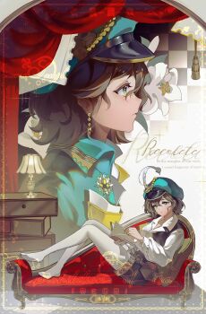 Rule 34 | absurdres, belt, belt pouch, black shorts, black vest, brown belt, brown hair, cape, character name, commission, couch, curtains, english text, flower, full body, green cape, green eyes, green hat, hat, hat feather, highres, holding, holding notebook, lamp, looking at viewer, multiple views, newsboy cap, no shoes, notebook, on couch, open clothes, open vest, pantyhose, portrait, pouch, profile, qianjing ze, recoleta (reverse:1999), reverse:1999, sample watermark, shirt, short hair, shorts, sitting, sitting sideways, vest, watermark, white flower, white pantyhose, white shirt