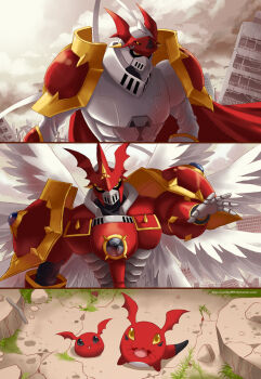 Rule 34 | armor, cape, digimon, digimon (creature), dukemon, dukemon crimson mode, evolutionary line, feathered wings, gigimon, helmet, jyarimon, knight, multiple wings, red armor, red cape, red helmet, sartika3091, upper body, white armor, white helmet, white wings, wings